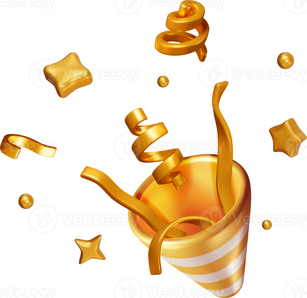 3D Golden Shiny Party Popper with Confetti png
