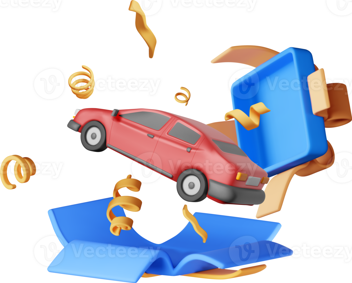 3D car flies out of gift box in confetti png