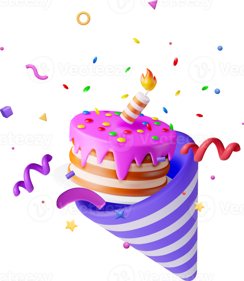 3D cake with candle and popper with confetti png
