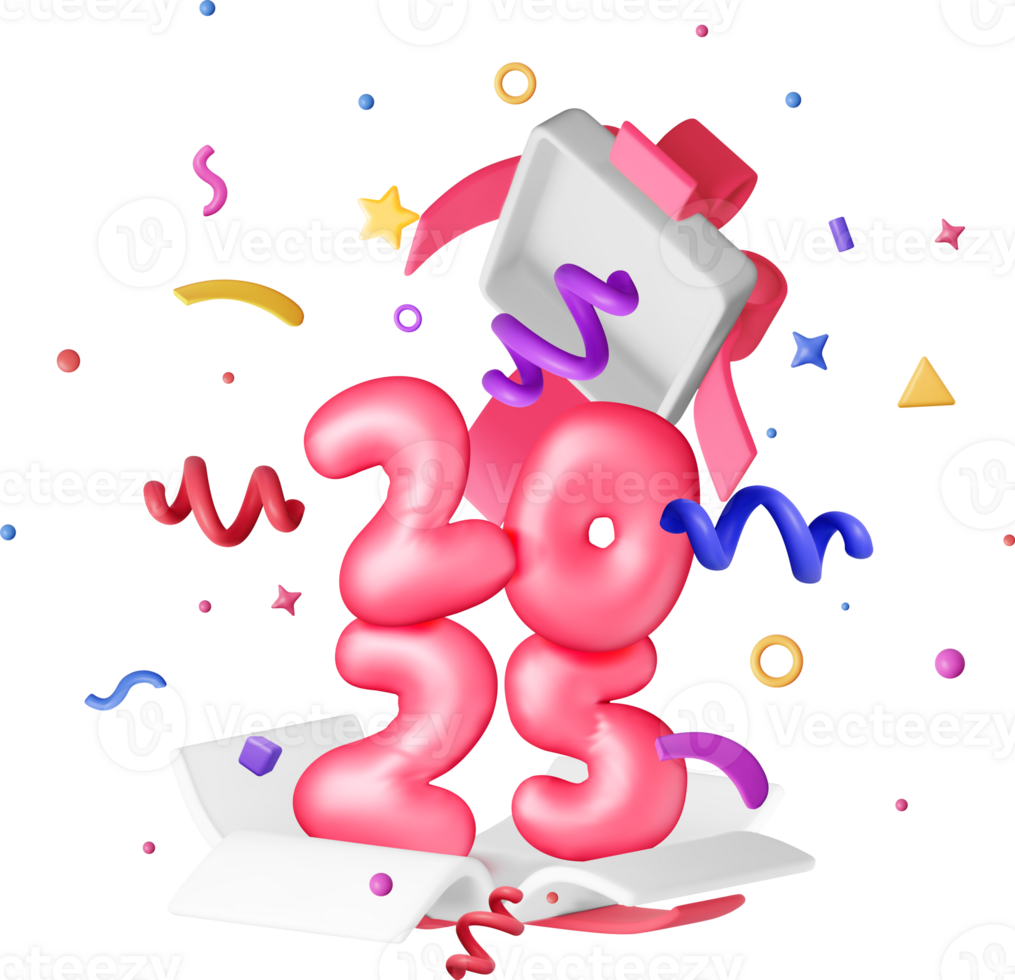 3D Open Gift Box with Sign 2025 and Confetti png