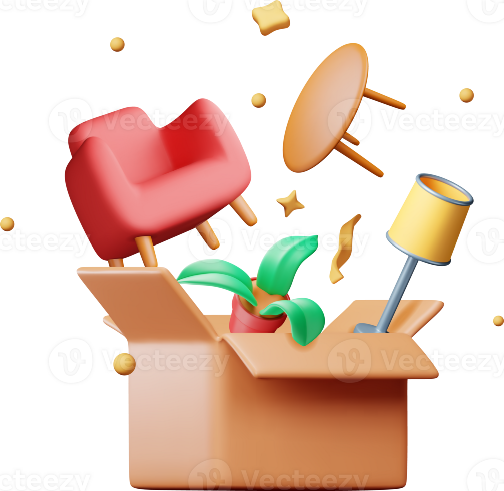 3D open cardboard box with home goods png