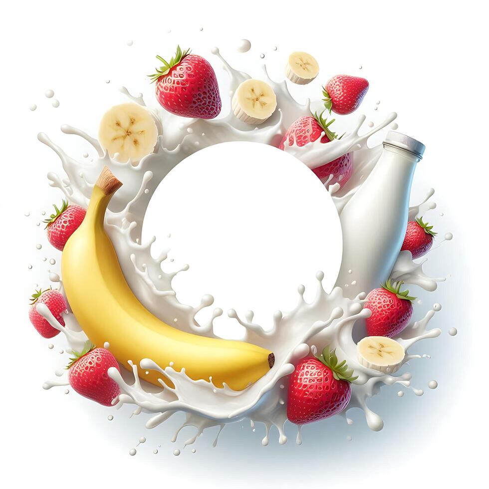 Milk Splash with Banana, Strawberry and a Circle for Your Text photo