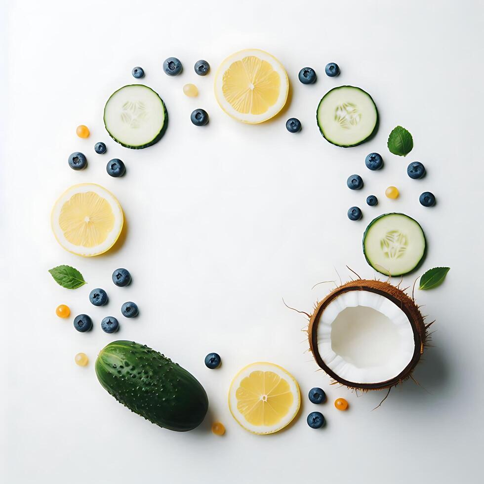 Fresh Fruit and Vegetables Arranged in Circle with White Background photo