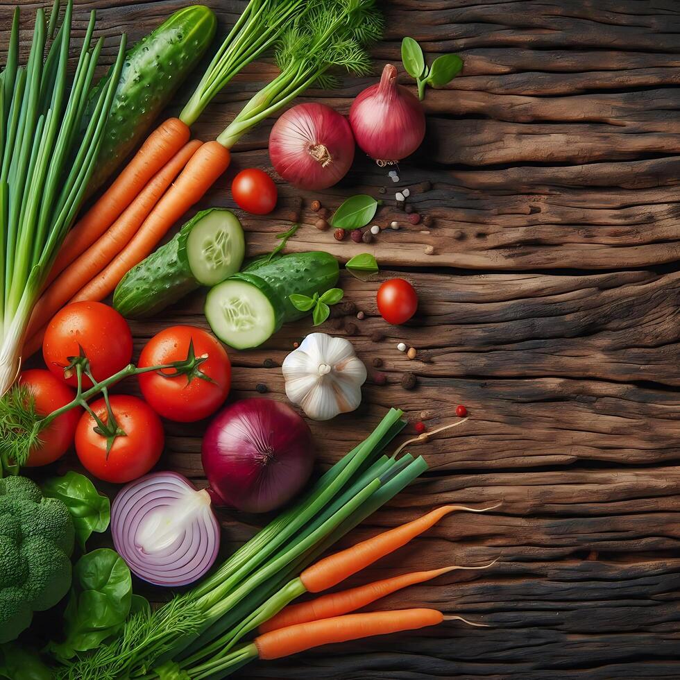 Fresh Vegetables and Herbs Arranged on Rustic Wooden Surface, A Culinary Still Life photo