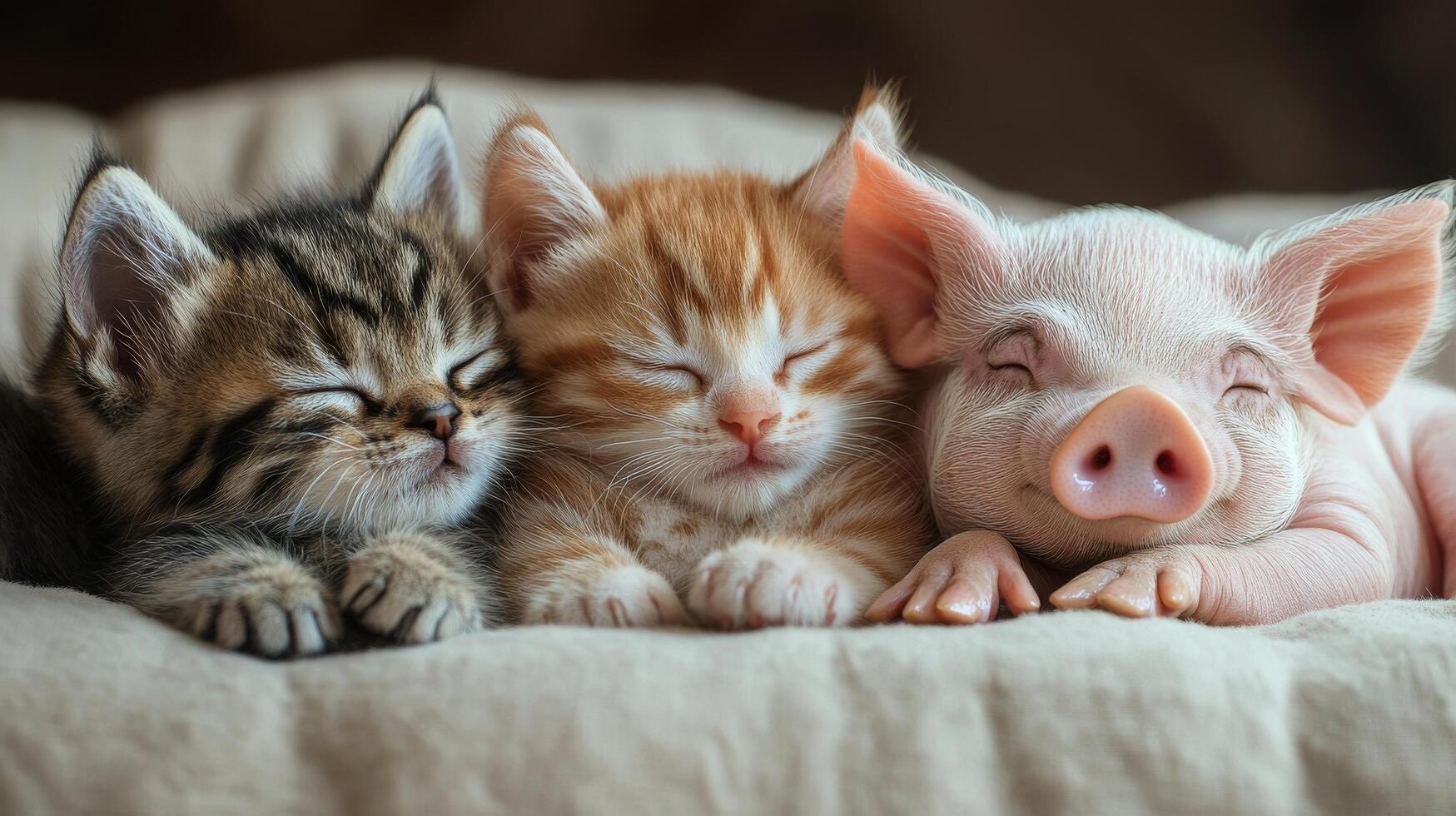 Three adorable sleeping animals cuddle together on a soft blanket in a cozy environment photo