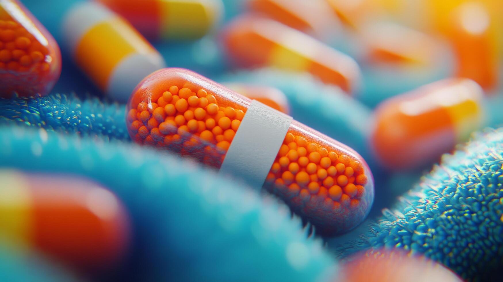 Colorful capsules sprinkled over a soft, wavy fabric background during a bright and calm day photo