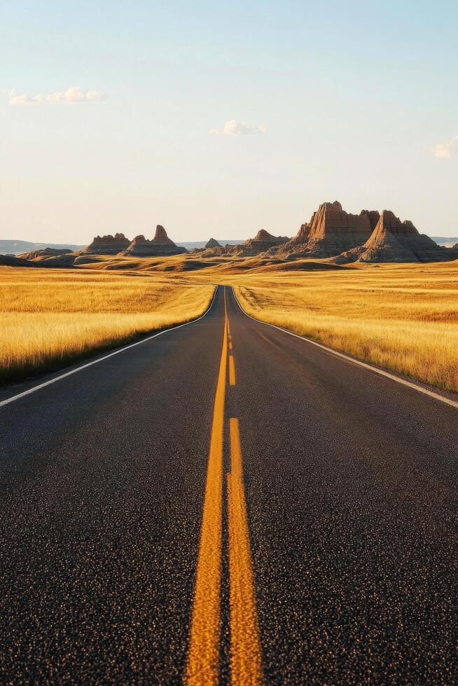 A long road stretches through golden grasslands towards distant rock formations at sunset photo