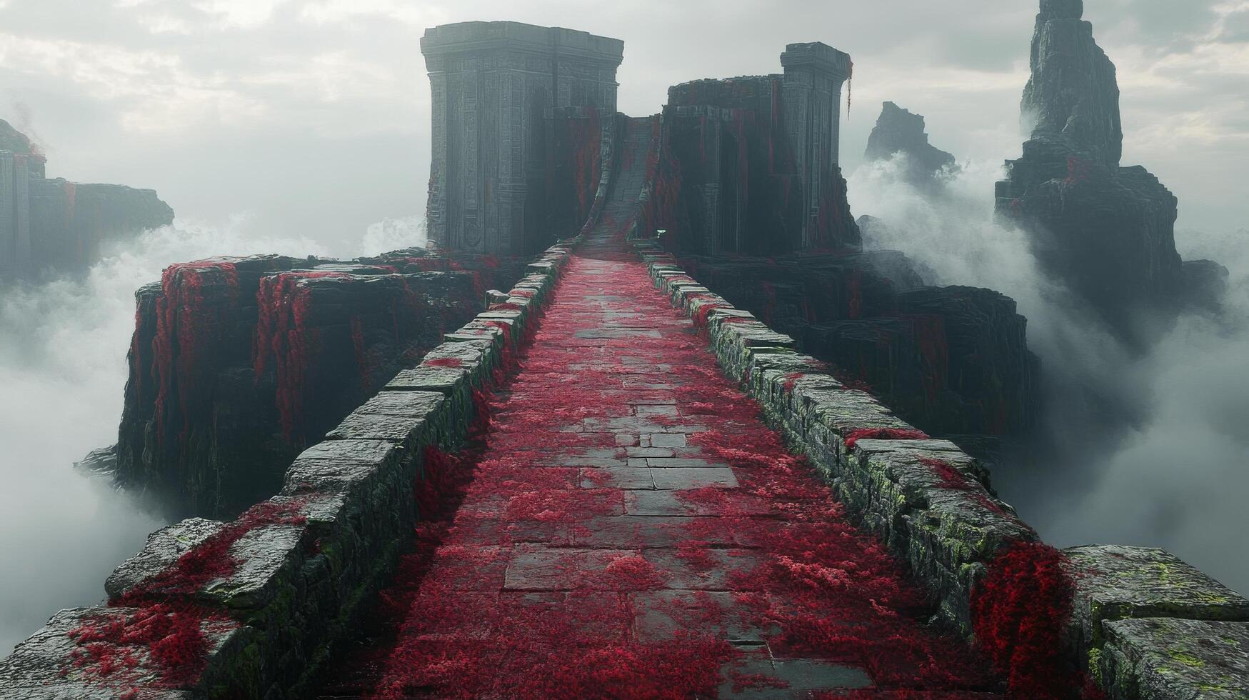 Ancient stone bridge draped in vibrant red foliage against a misty mountain backdrop photo