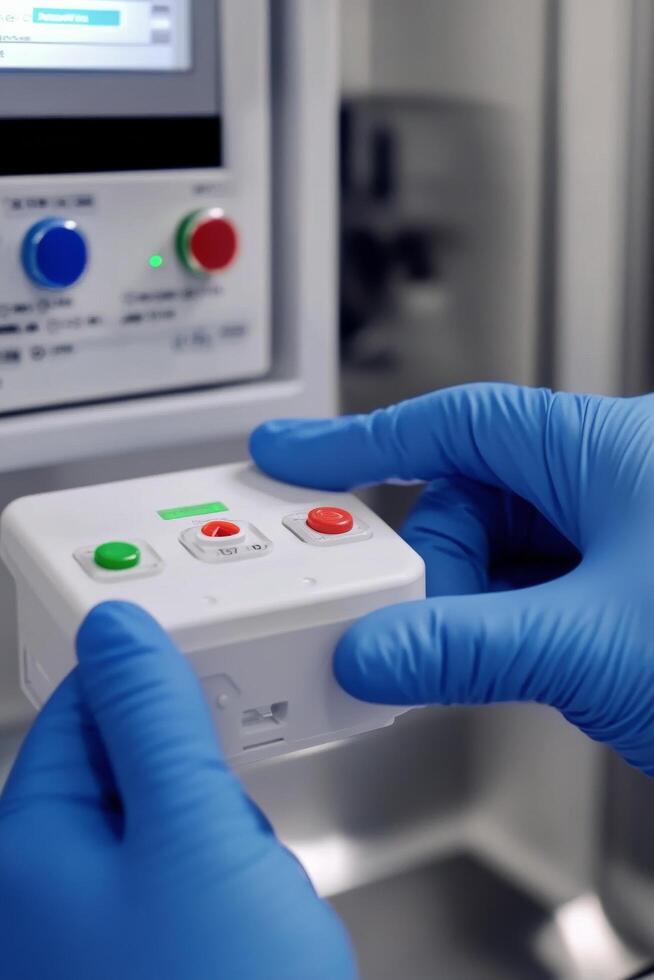 Close-up of a gloved hand holding a remote control device with colored buttons in a clinical setting photo