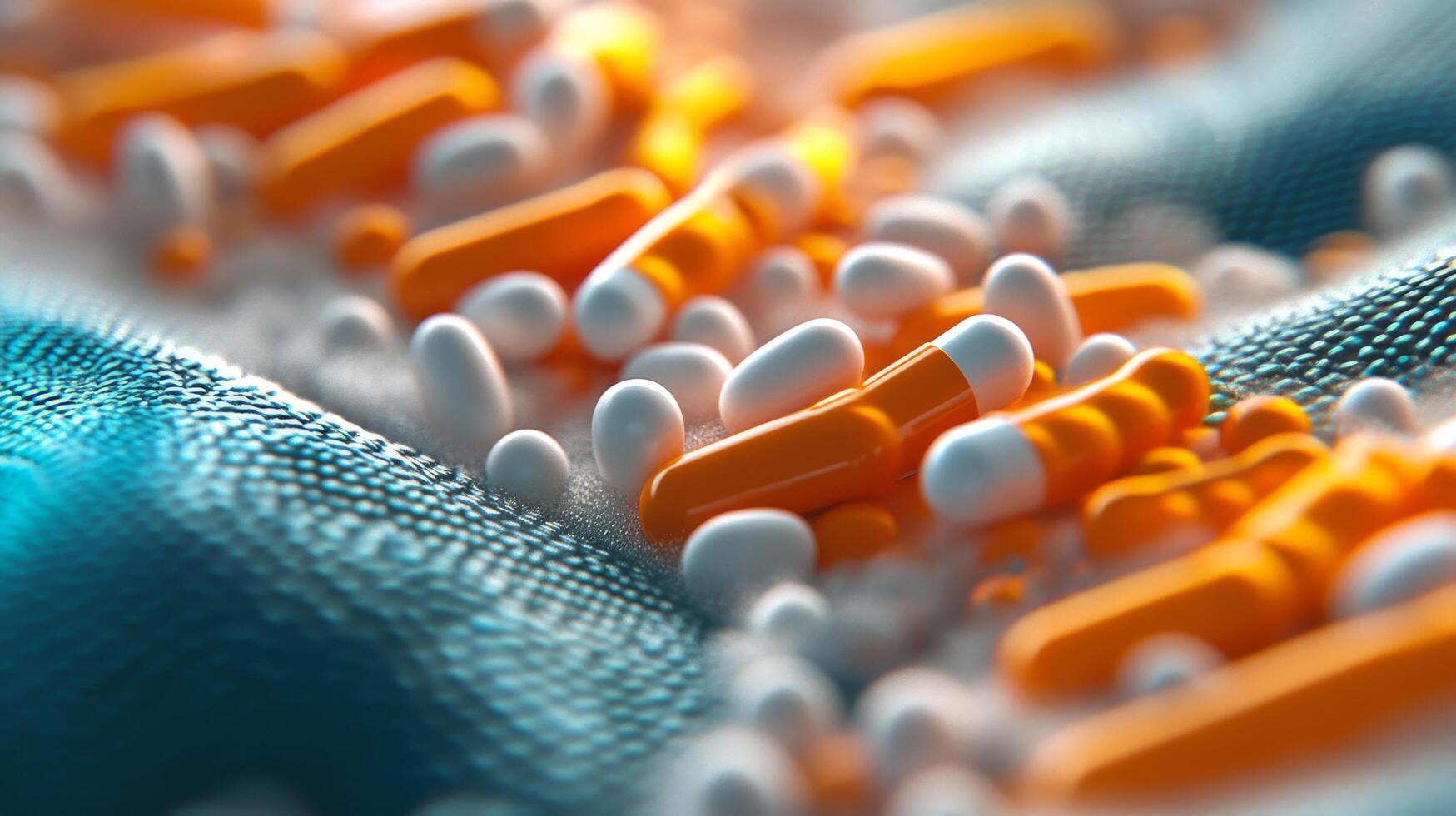 Colorful assortment of capsules and tablets on a textured surface in a close-up display photo