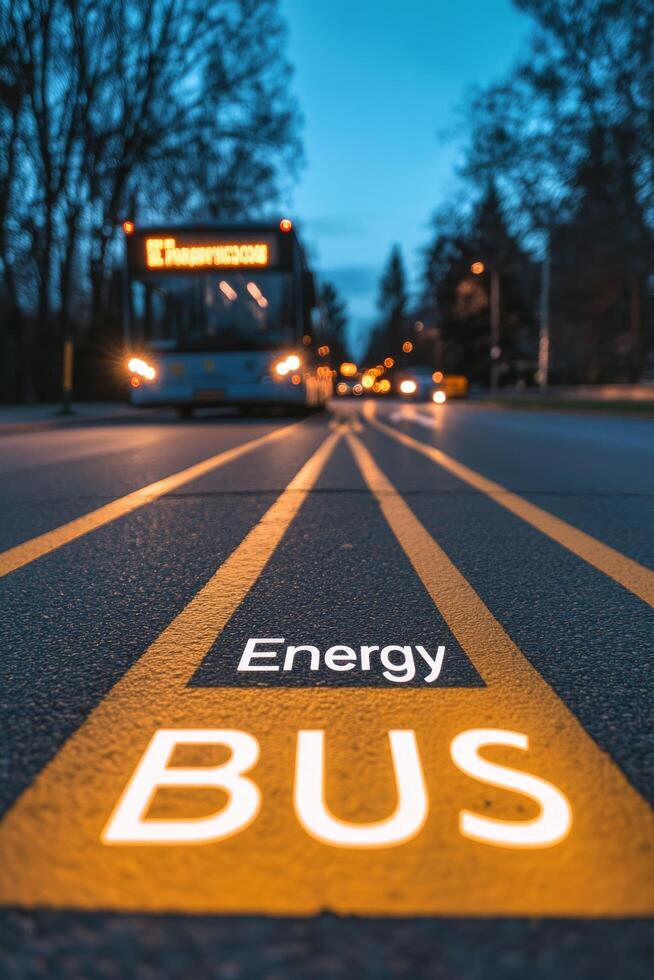 View of the energy bus lane signage with bus approaching on a sunny afternoon in a city photo