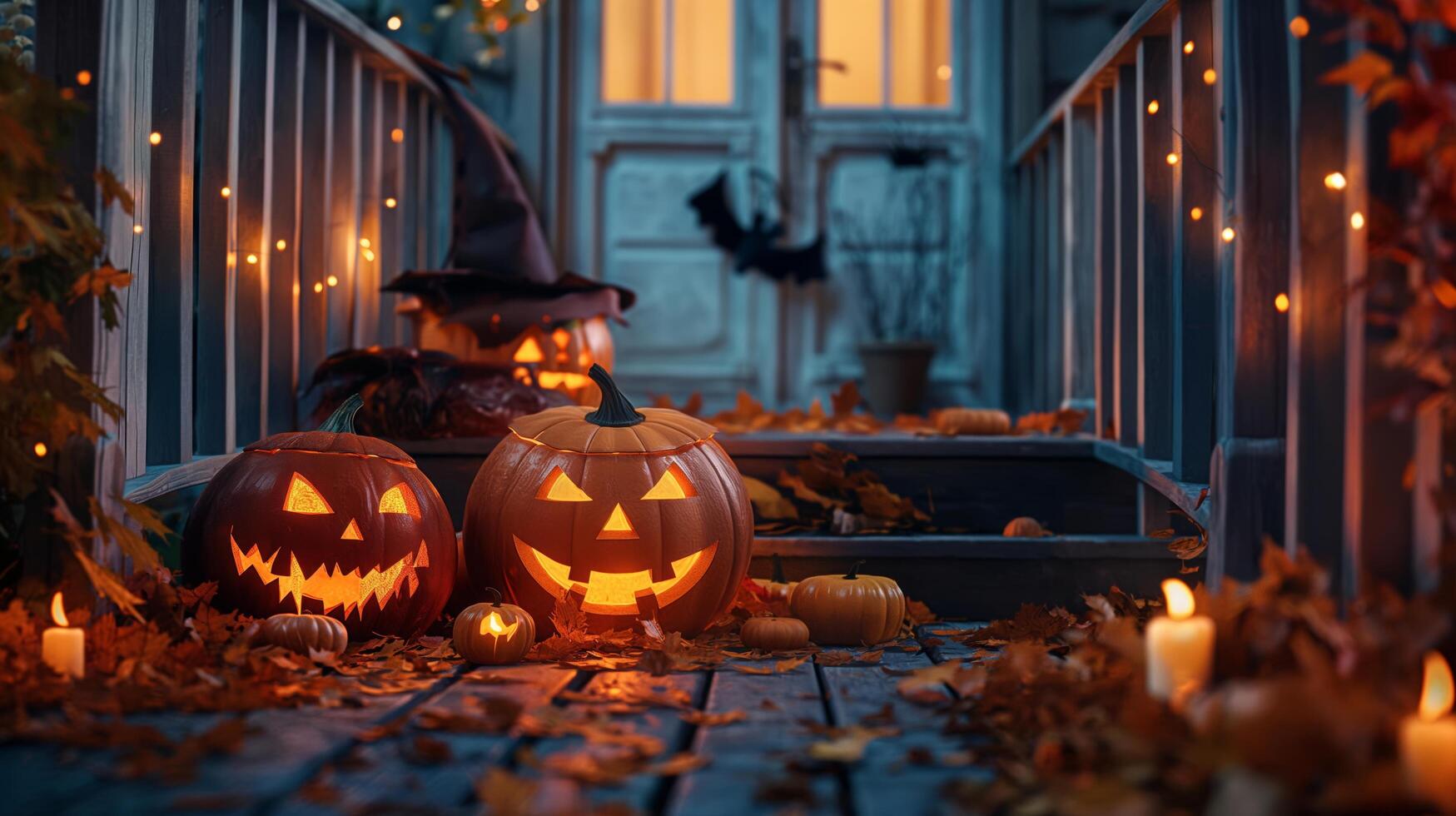 A festive Halloween porch with glowing carved pumpkins, autumn leaves, and candles. String lights and spooky decorations, like a witch's hat and bats, create a cozy and eerie ambiance on a crisp fall photo