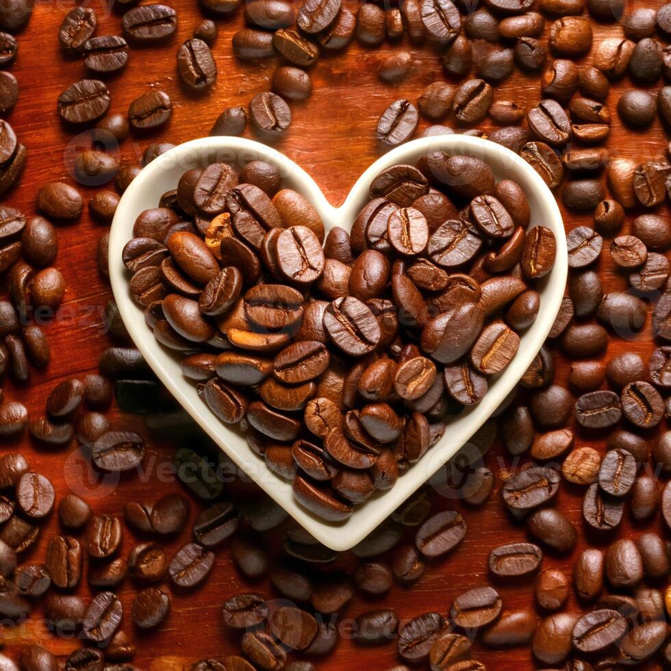 Coffee beans in a white, heart-shaped ceramic cup are placed among many coffee beans. Images that express the love of coffee Intense fragrance and the feeling of comfort it gives to coffee lovers. photo