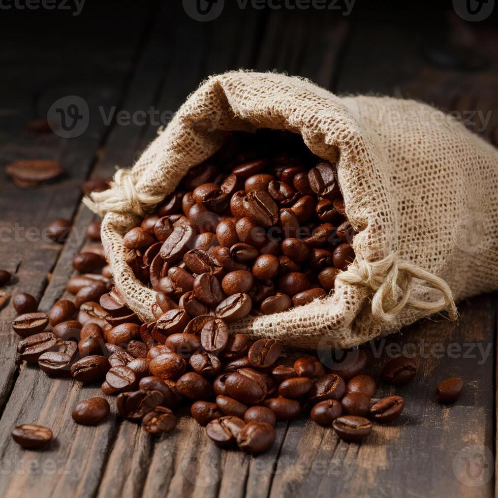 Dark brown coffee beans being poured out of a sack on a wooden background. This image conveys the freshness and aroma of the coffee beans. photo