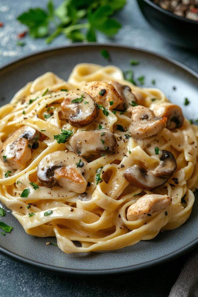 Creamy chicken fettuccine with mushrooms served on a rustic wooden table photo