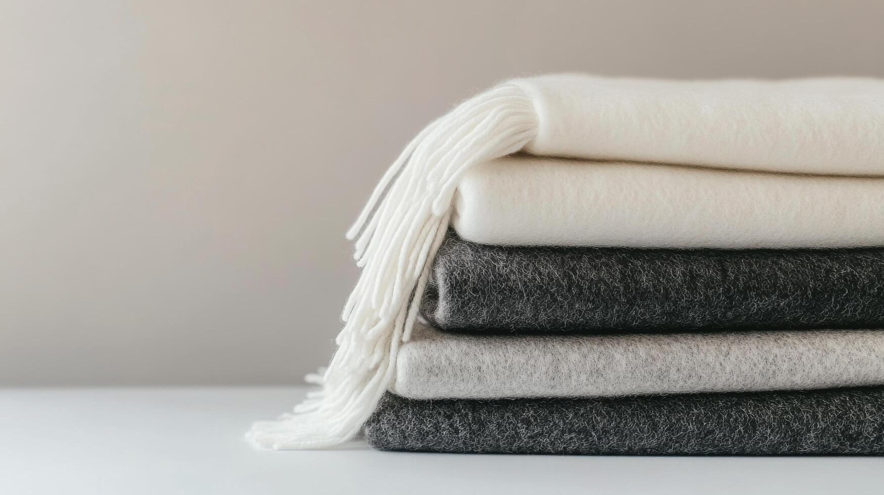Cozy wool blankets stacked neatly in a minimalist setting for a warm and inviting atmosphere photo