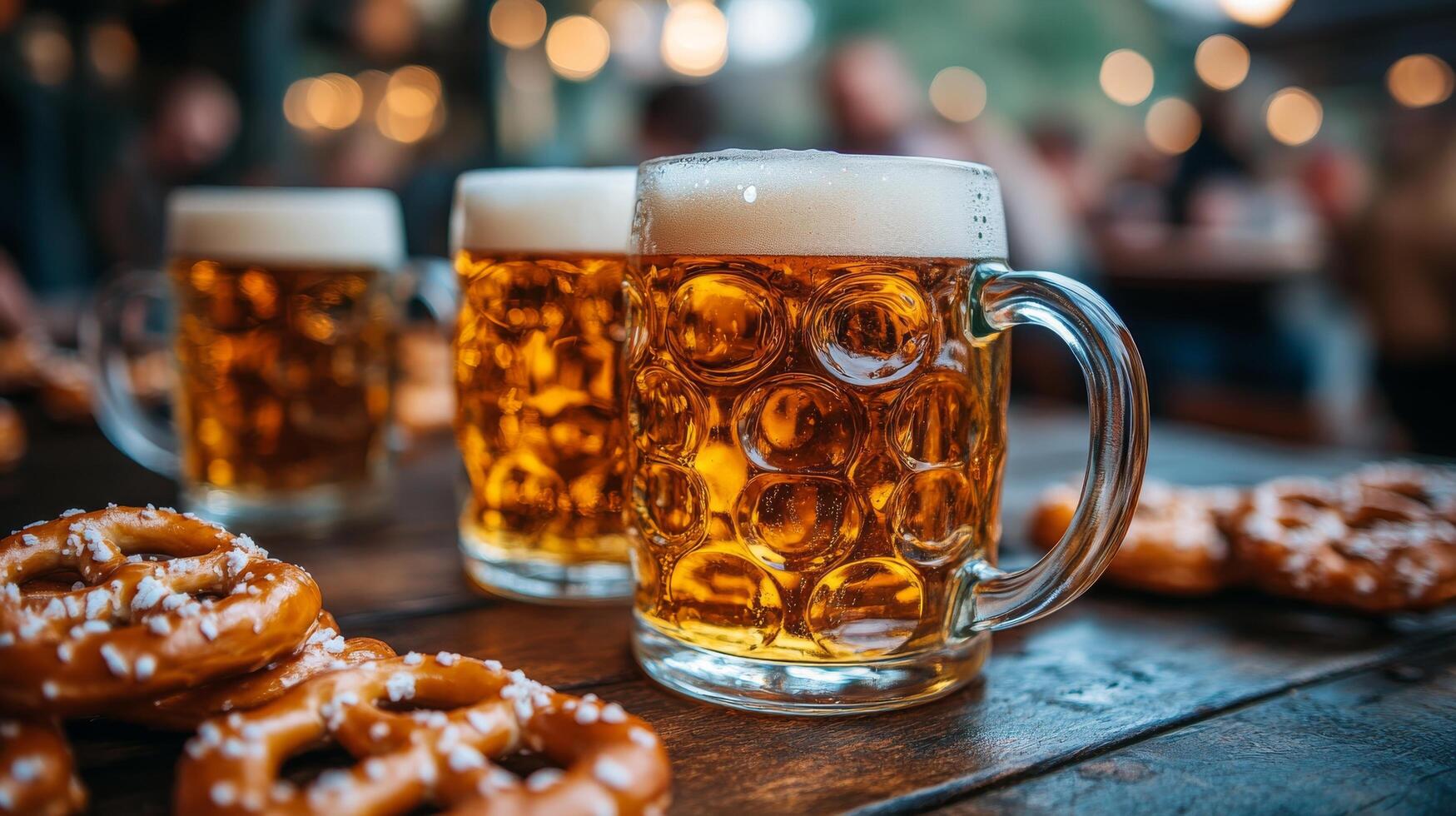 Enjoying crisp beer and pretzels at a lively outdoor gathering in the late afternoon sun photo