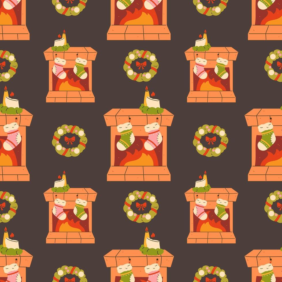 Christmas seamless pattern with a fireplace vector
