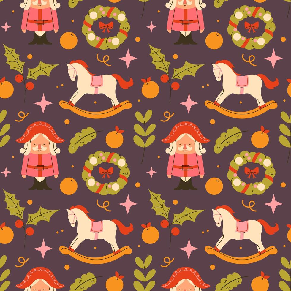Christmas seamless seamless pattern with horses, nutcracker, toy, candy cane vector