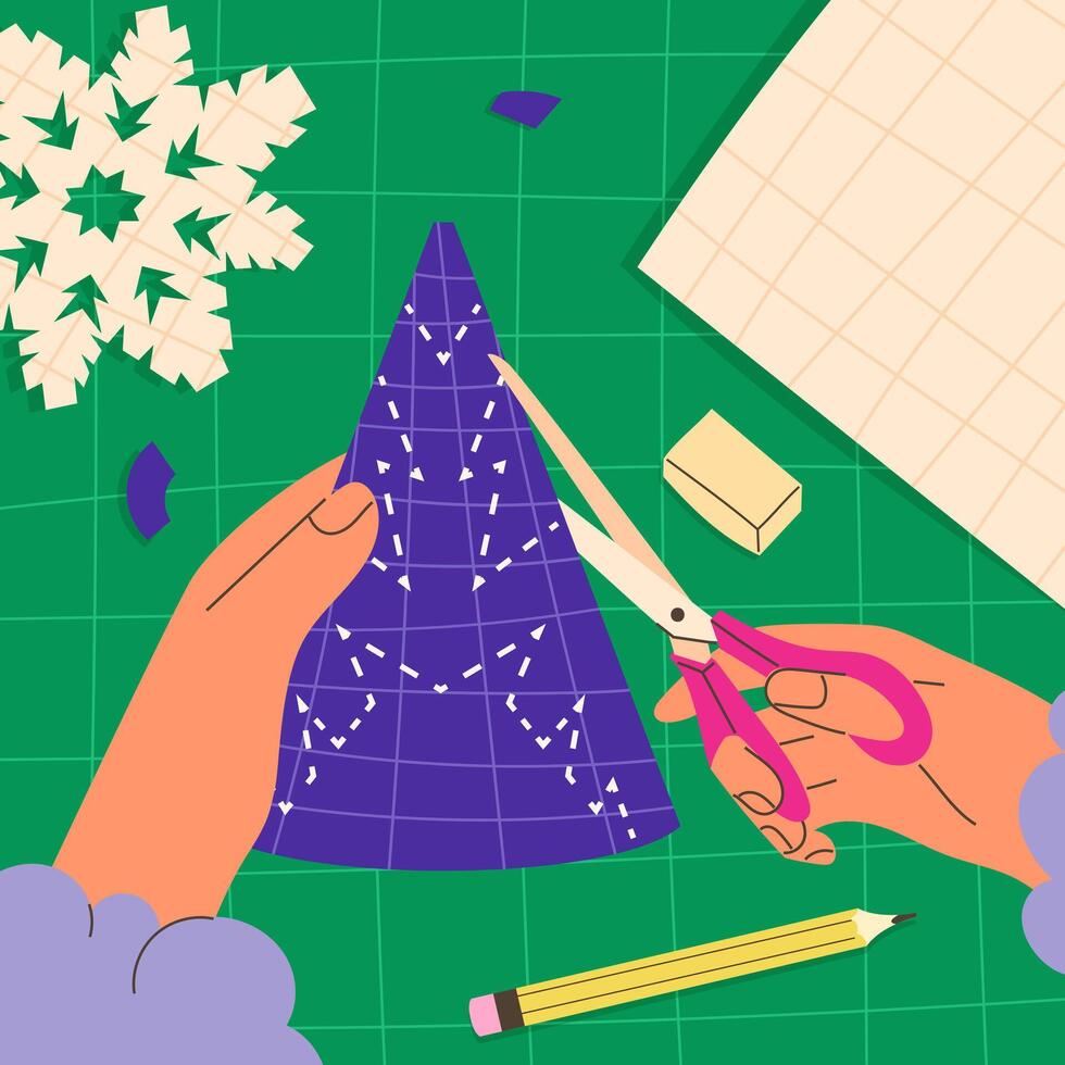 People cut Christmas snowflakes out of paper. Hello winter. Winter fun vector