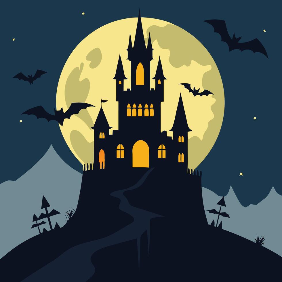 Halloween castle with bats and moon vector