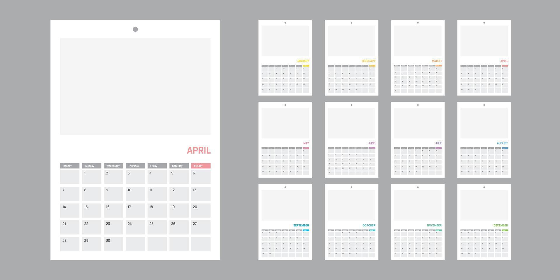 2025 wall Calendar week start Monday 12 month color corporate design template . vector
