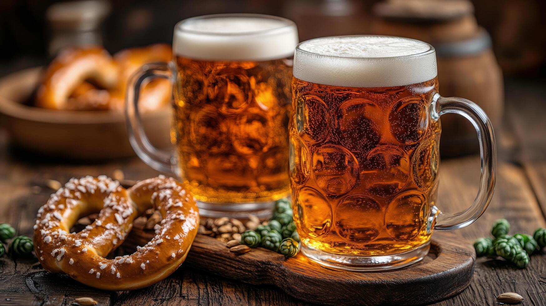 Warm ambiance with two frosty mugs of beer and a pretzel on a rustic wooden table photo