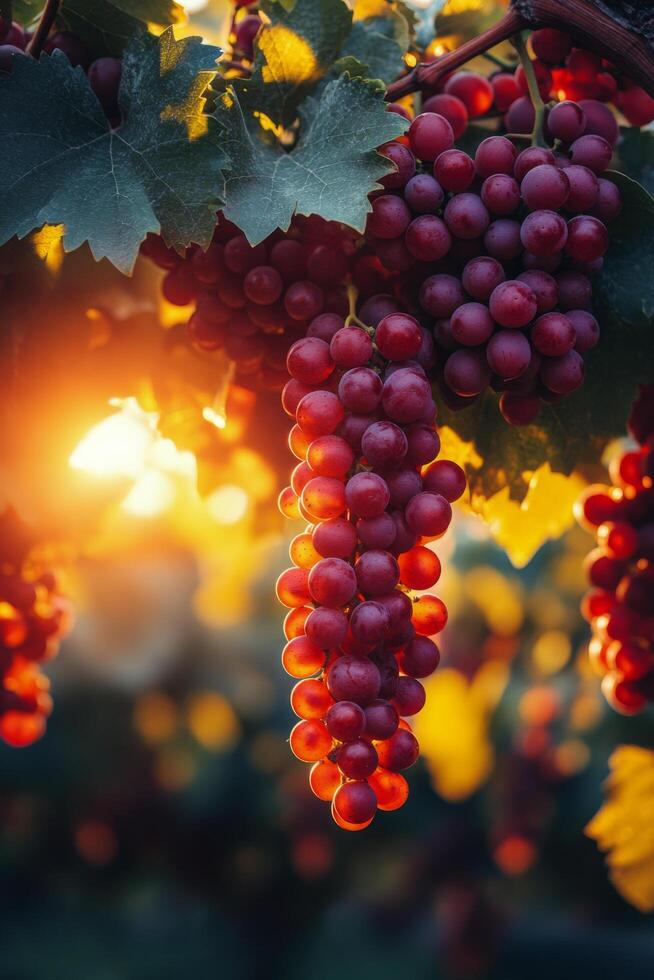 Red grapes hanging on a vine at sunset in a vineyard photo