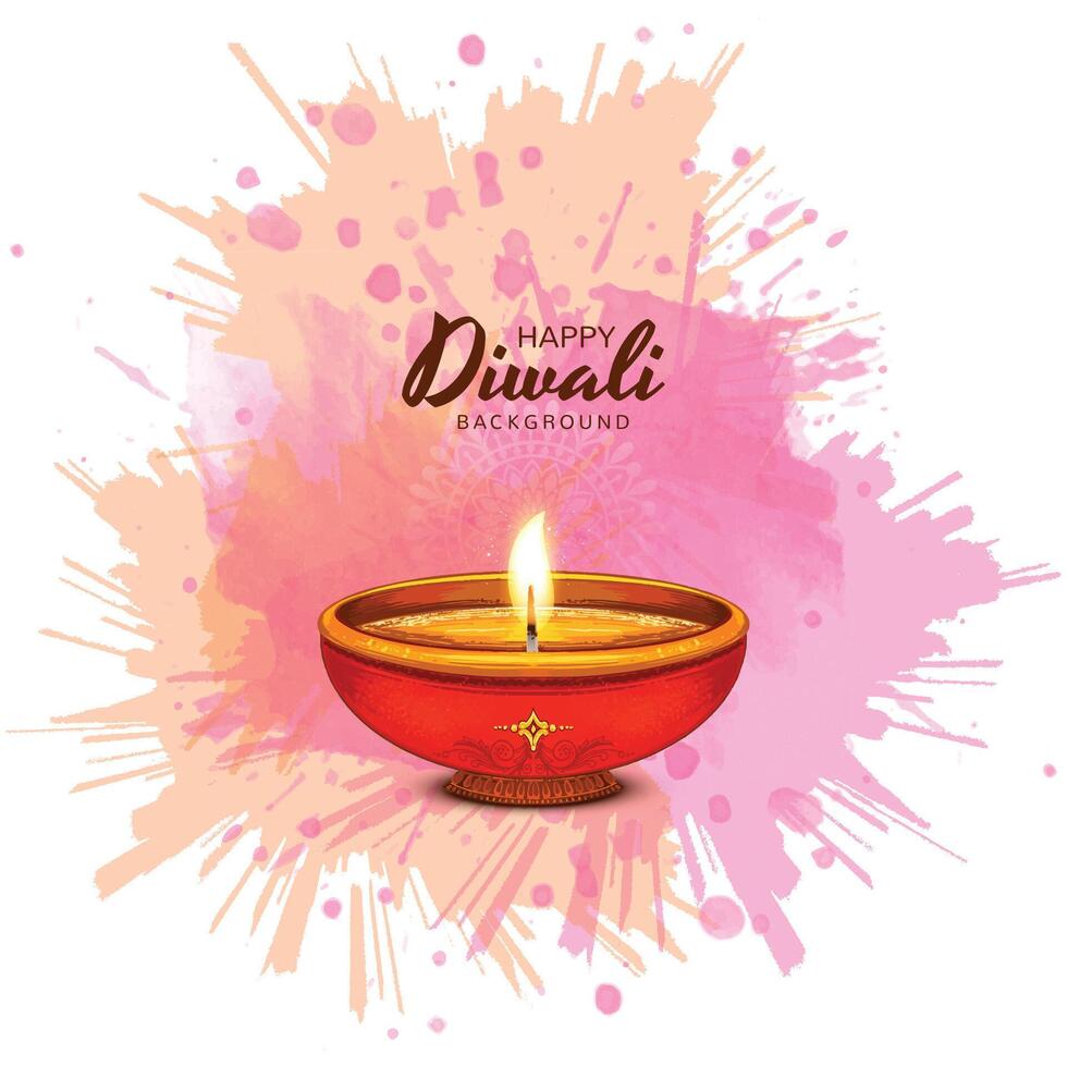 Happy diwali greeting card with watercolor diya background vector