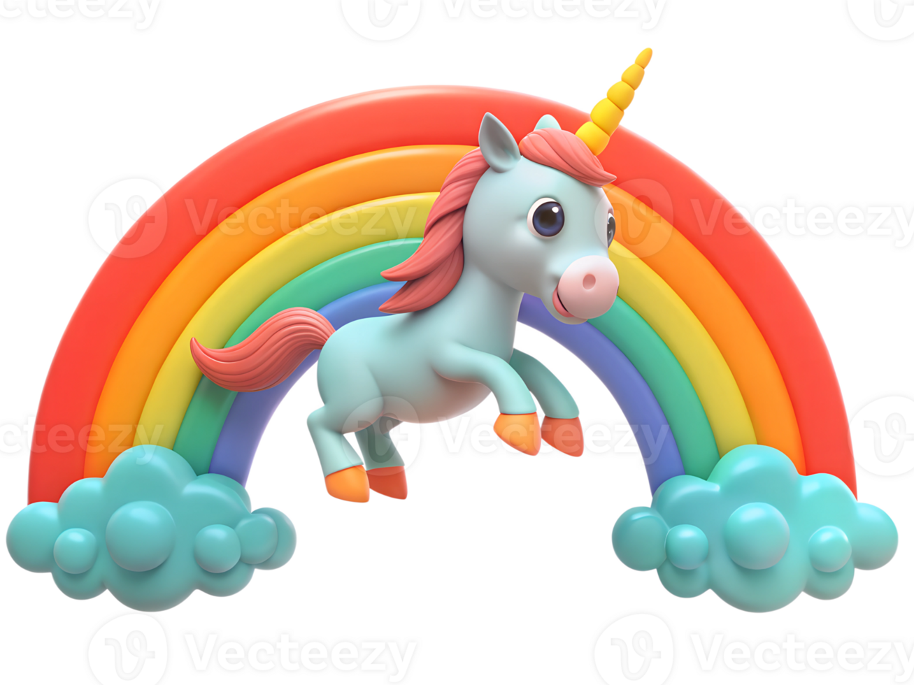 a magical unicorn, flying through the clouds with a rainbow trailing behind on transparent background png