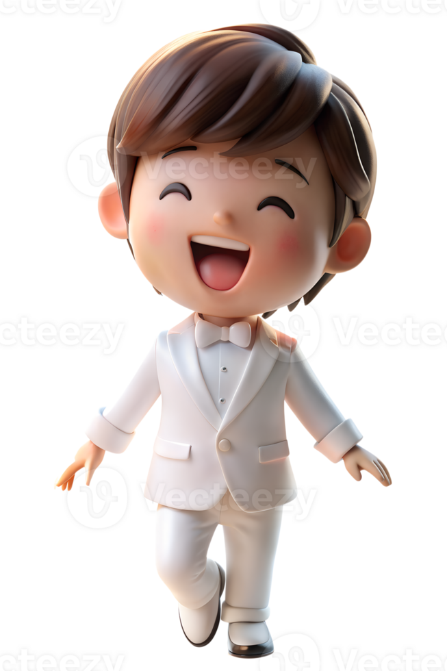 a digital avatar of a young boy wearing a white suit and bow tie, with a joyful expression png