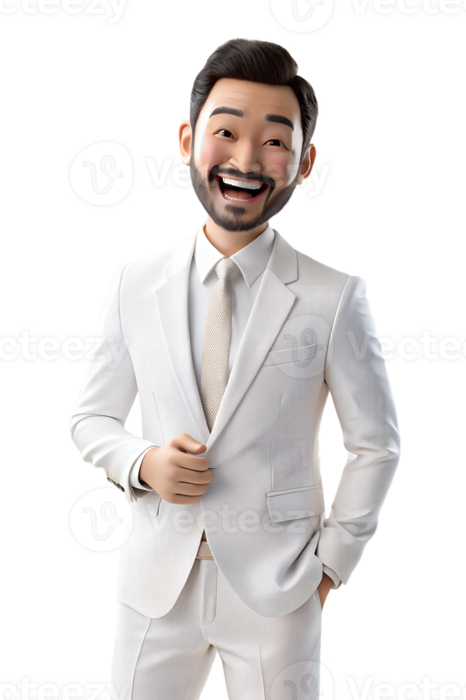 a cartoon man smiling and wearing a white suit and tie. He has a beard and is standing with his hands in his pockets png