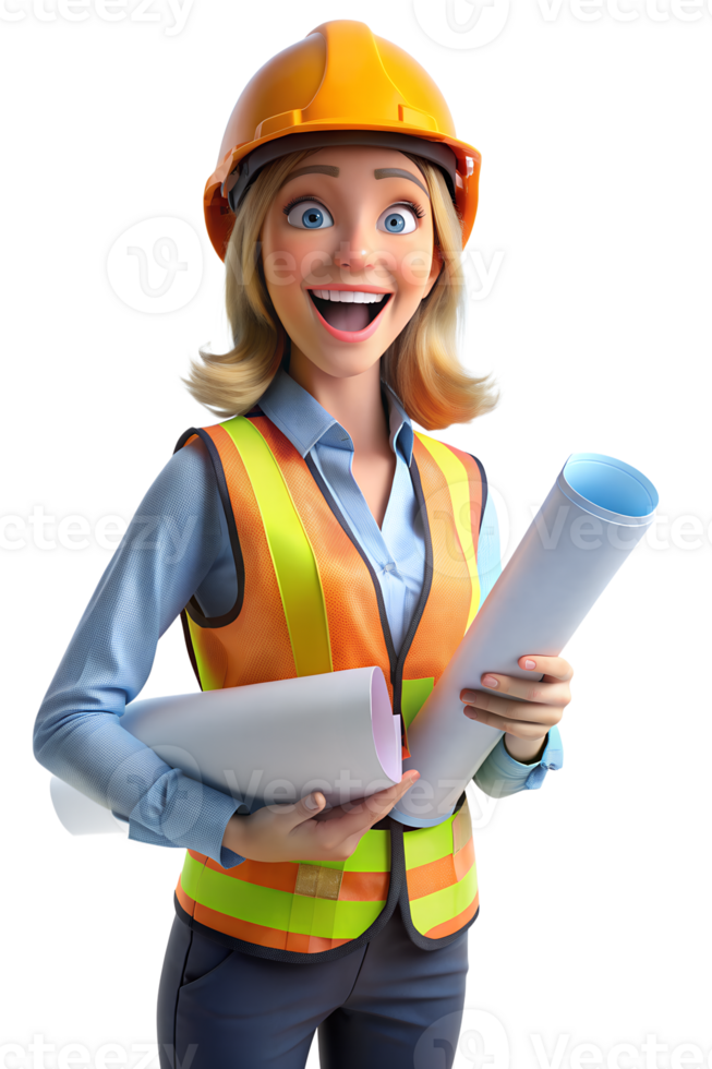 3d cartoon style illustration of young architect at work site in her hand holding blueprints png