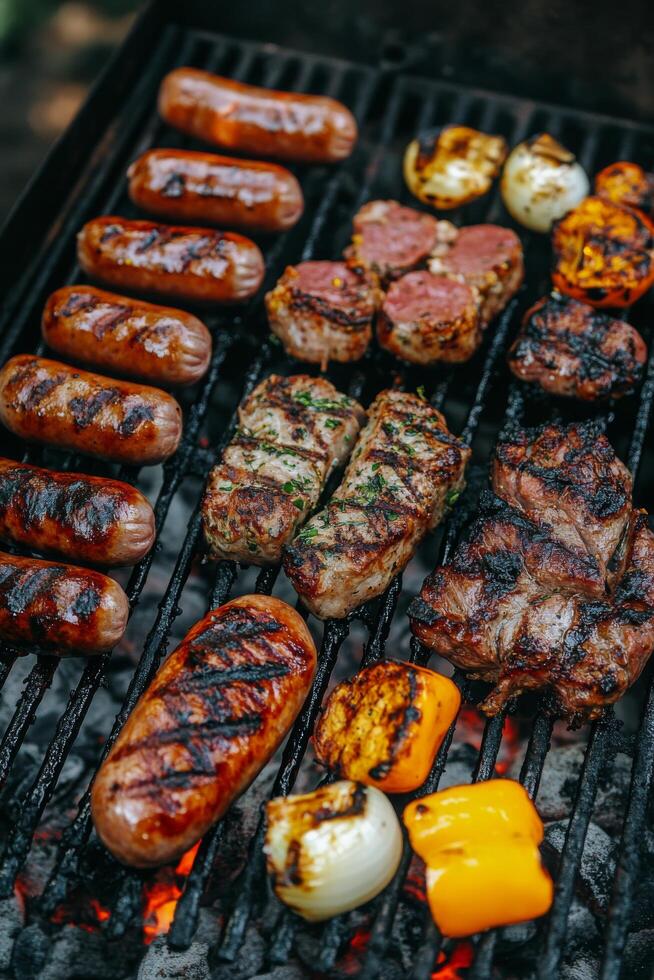 Grilling a delicious assortment of sausages, steaks, and vegetables during a summer barbecue photo