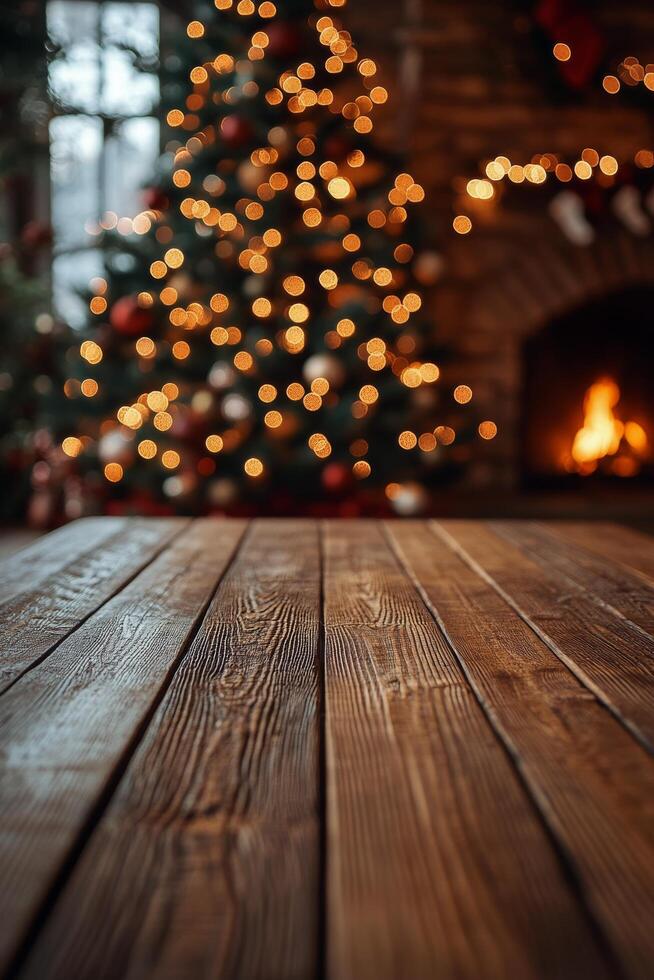 Cozy holiday atmosphere with a rustic wooden table and glowing Christmas tree in the background photo