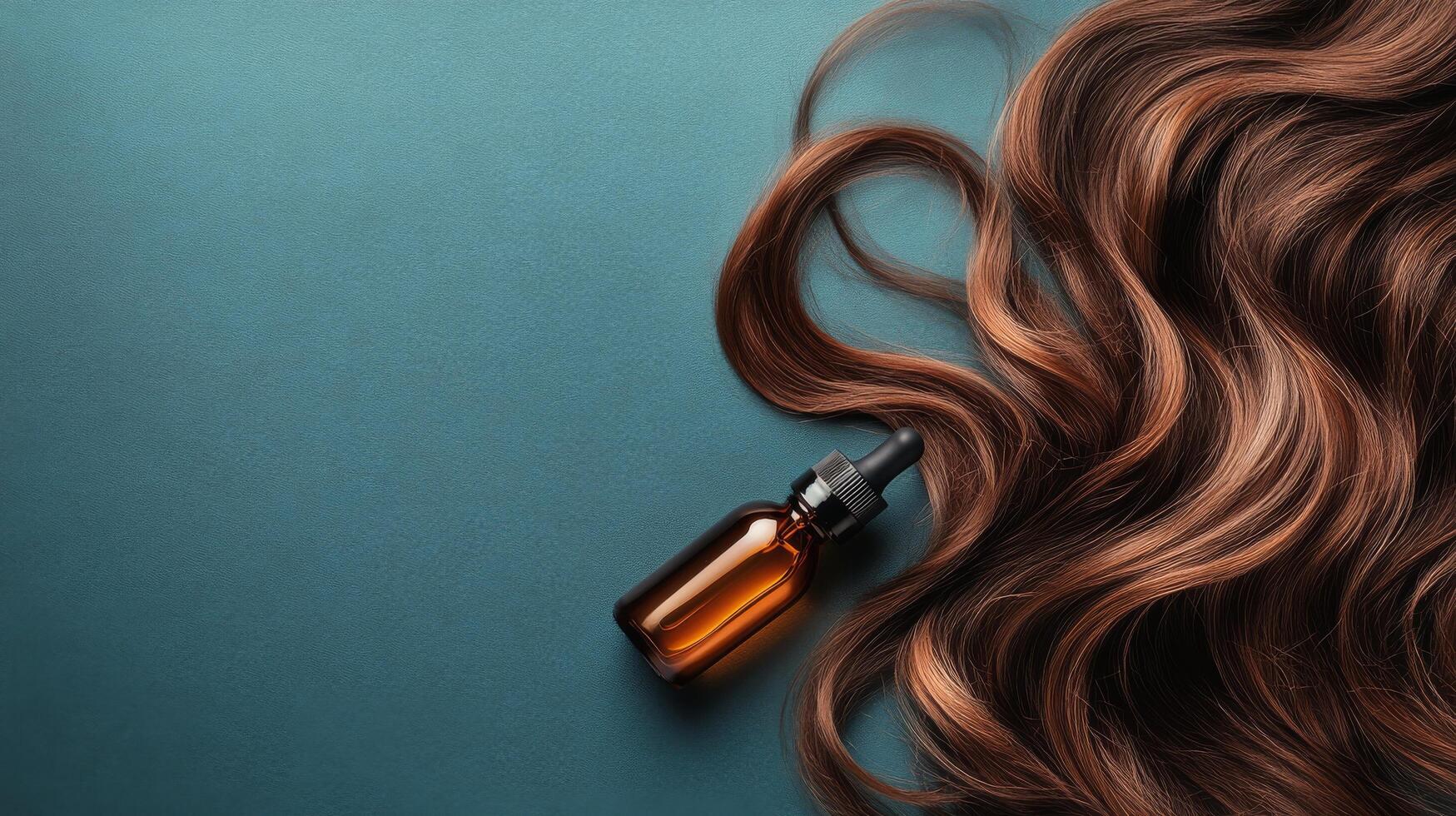 Woman with long hair holds a dropper bottle against a blue background photo
