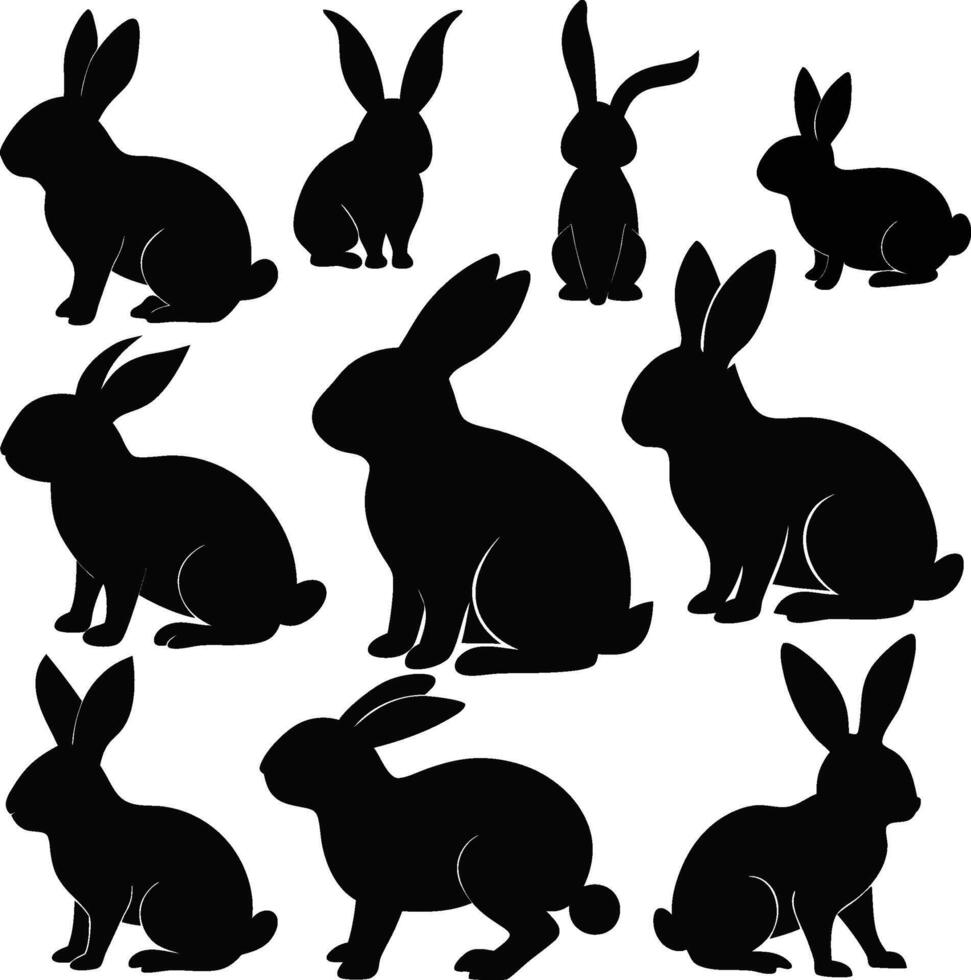 Isolated Rabbit Silhouettes in Various Poses on White Background vector