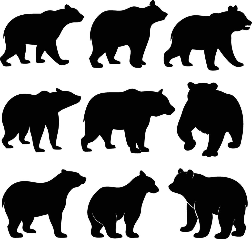 Isolated Bear Silhouettes in Various Poses on White Background vector
