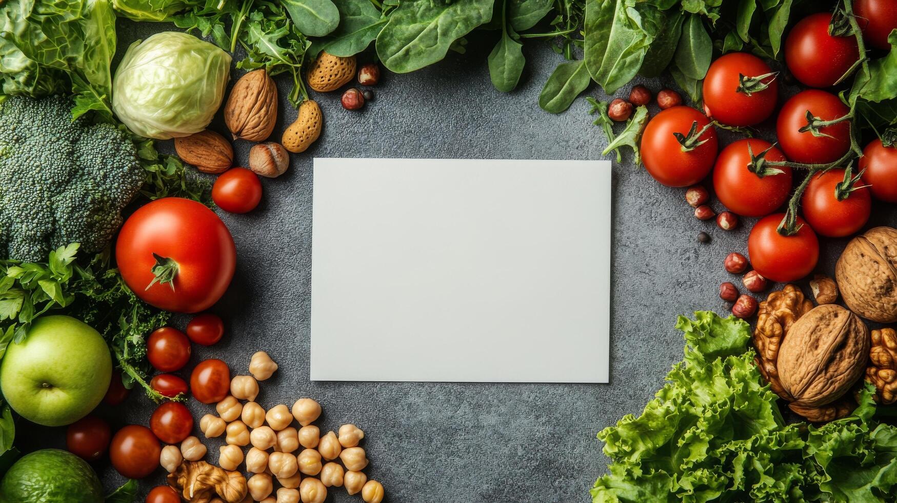 Fresh vegetables and nuts arranged around a blank card on a textured gray surface photo