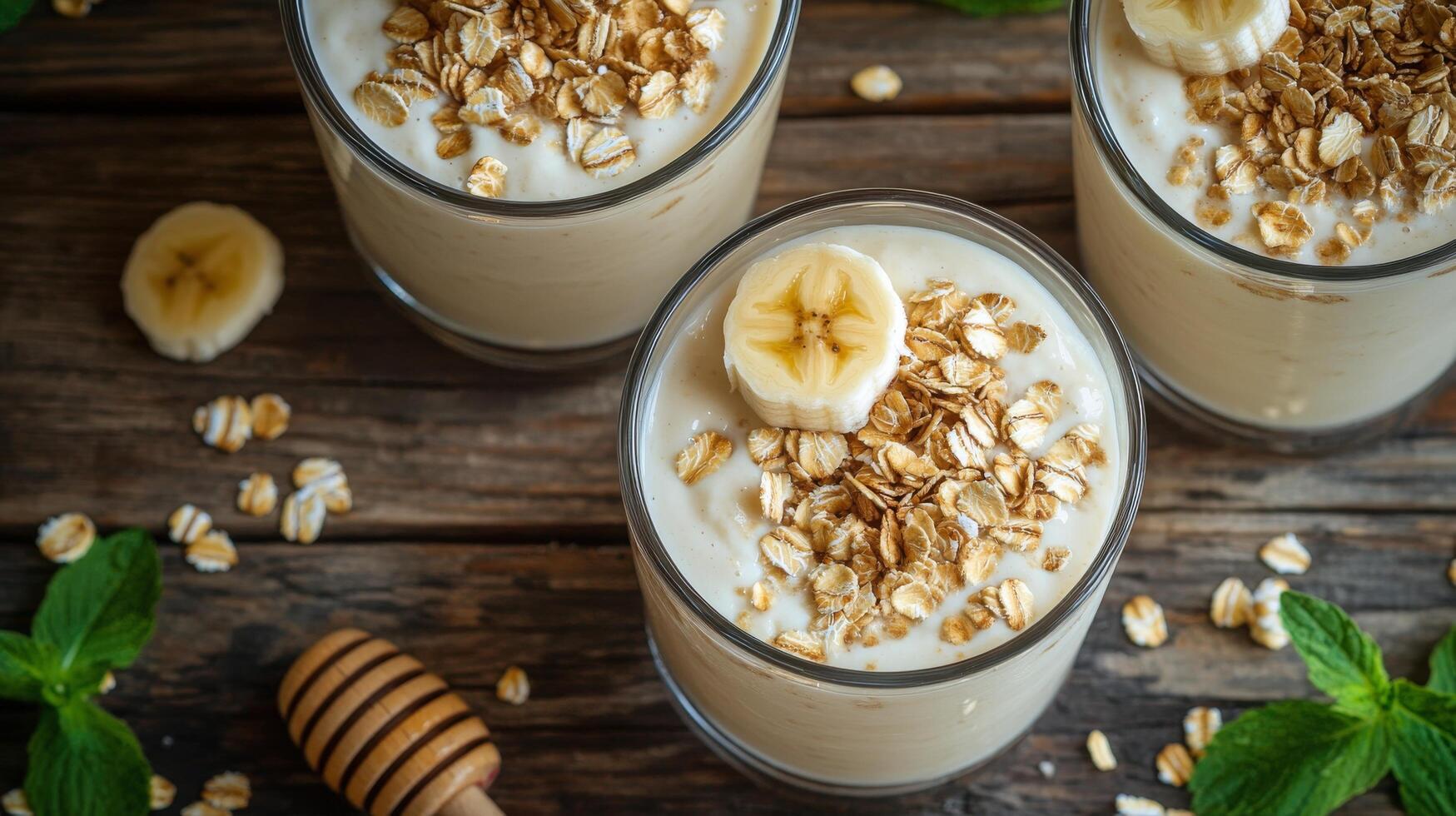 Banana smoothie with oats and honey on a wooden table photo