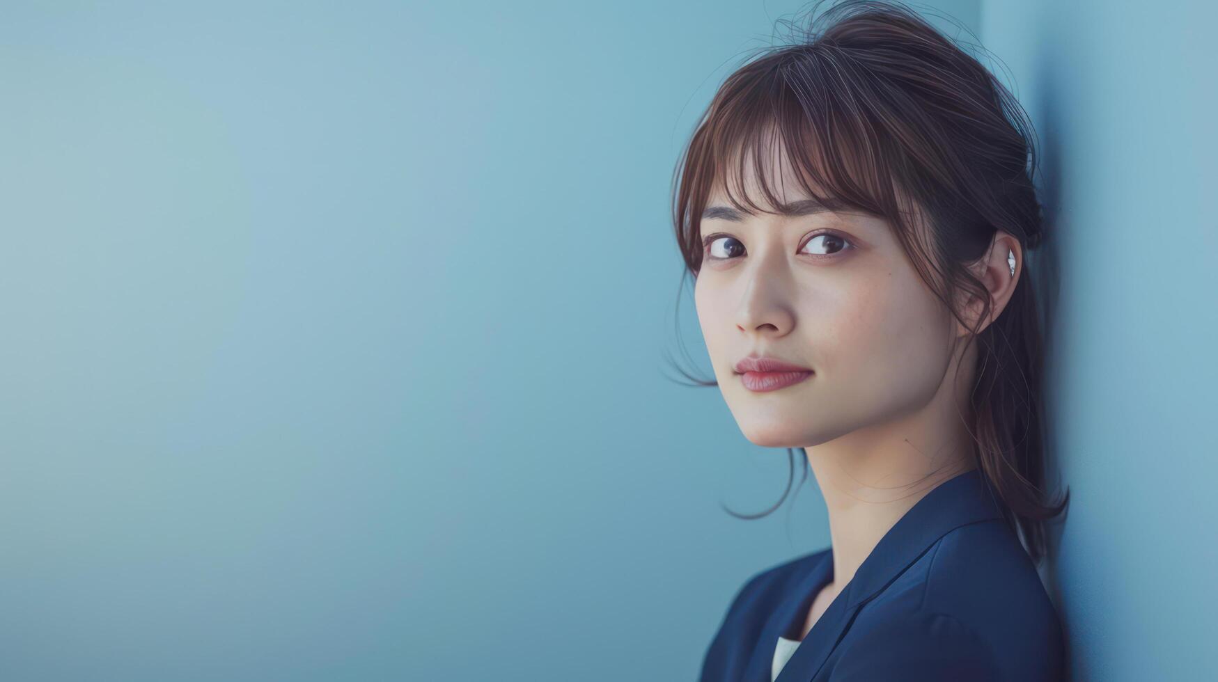 A woman in a blue suit leaning against a wall photo