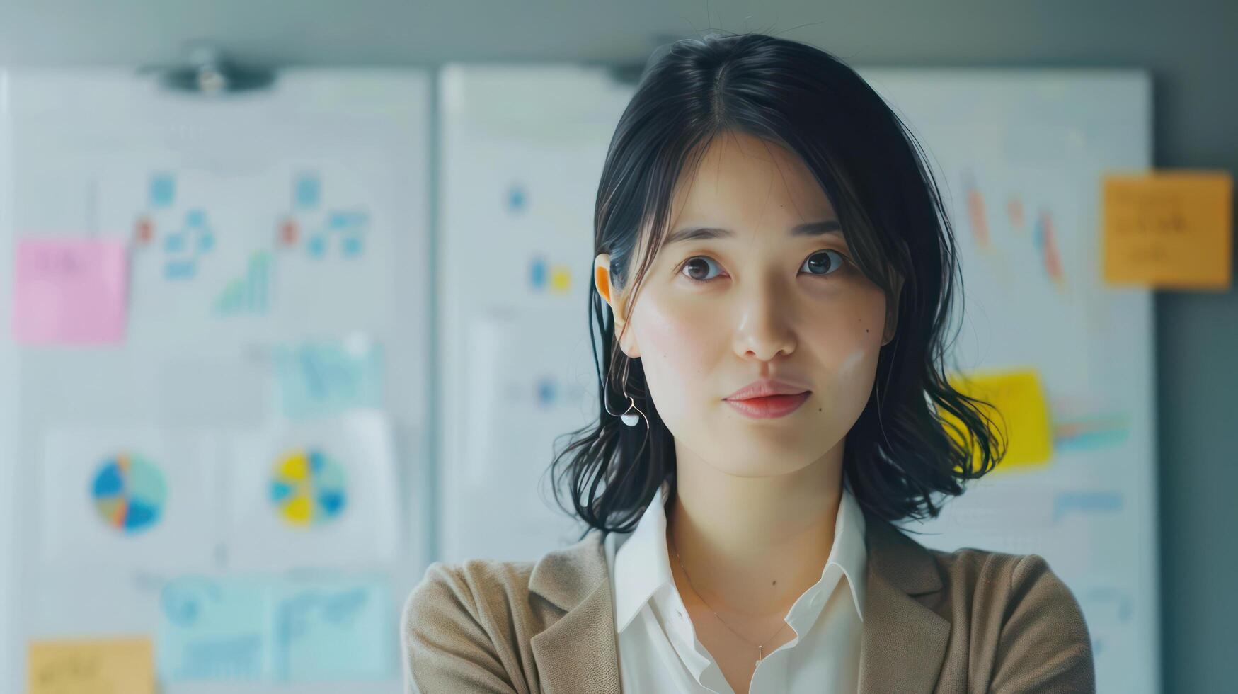 A woman in a business suit standing in front of a whiteboard photo