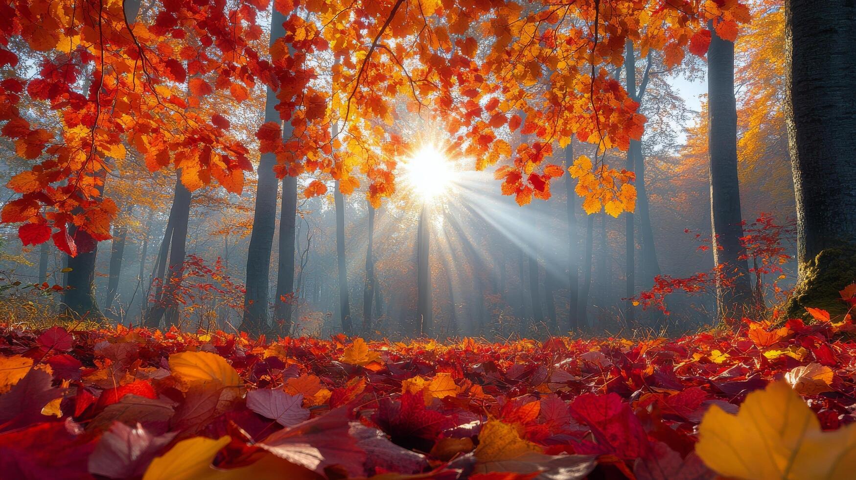 Golden rays illuminate a serene forest filled with vibrant autumn foliage during sunset photo