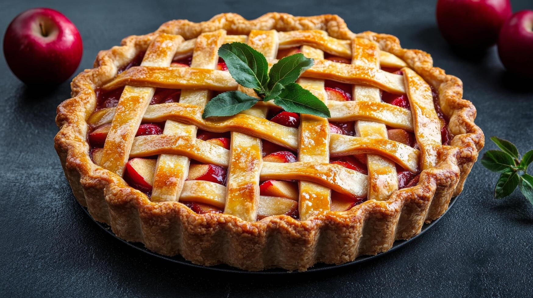 Freshly baked apple pie with a golden lattice crust on a dark background photo