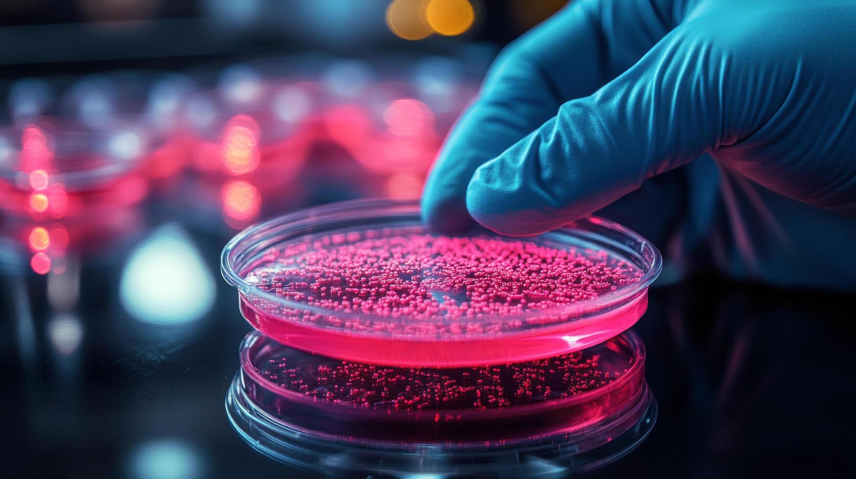 Scientist conducting research with petri dishes filled with pink agar in a laboratory setting photo