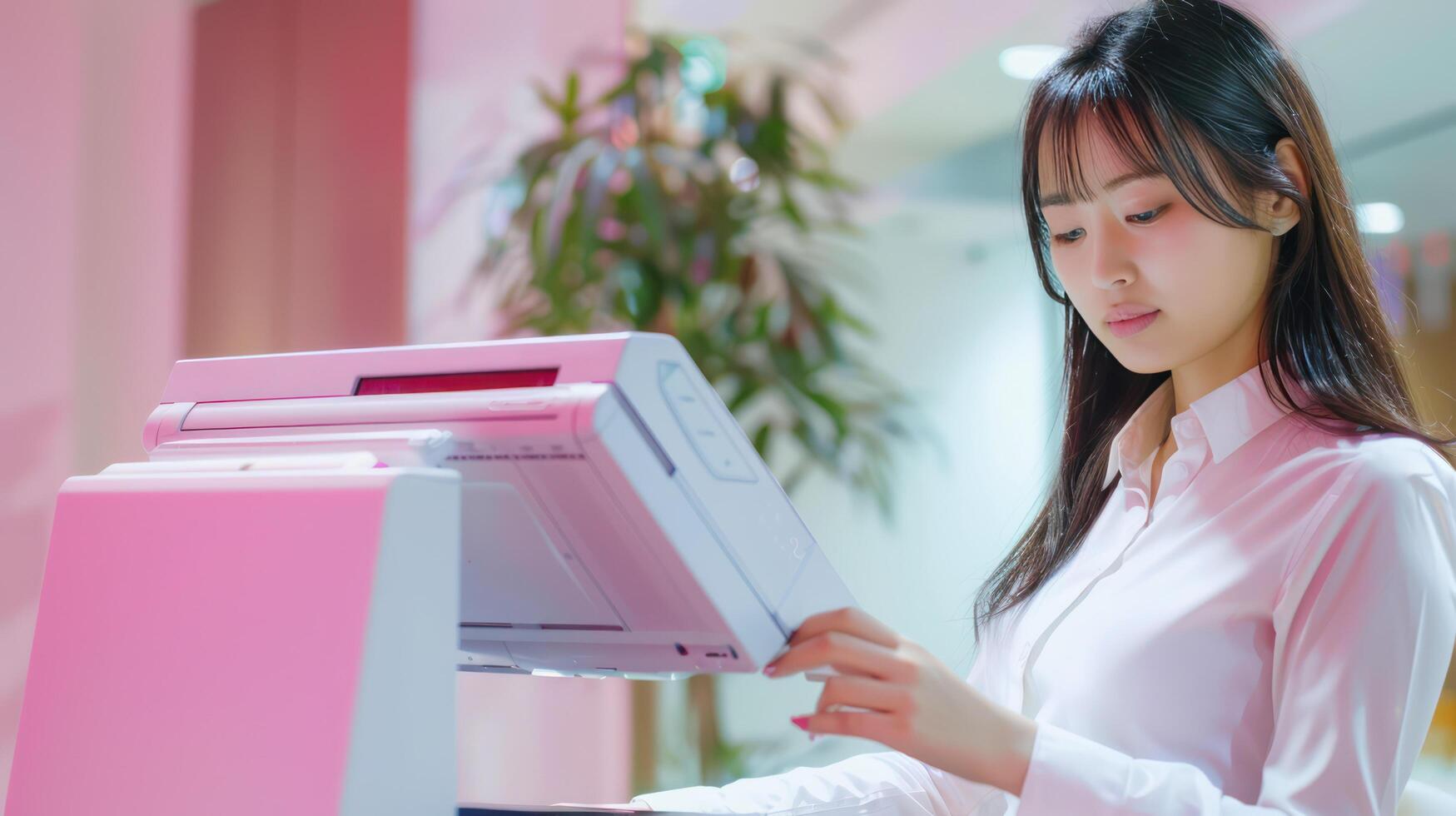 A woman in a white shirt is using a printer photo