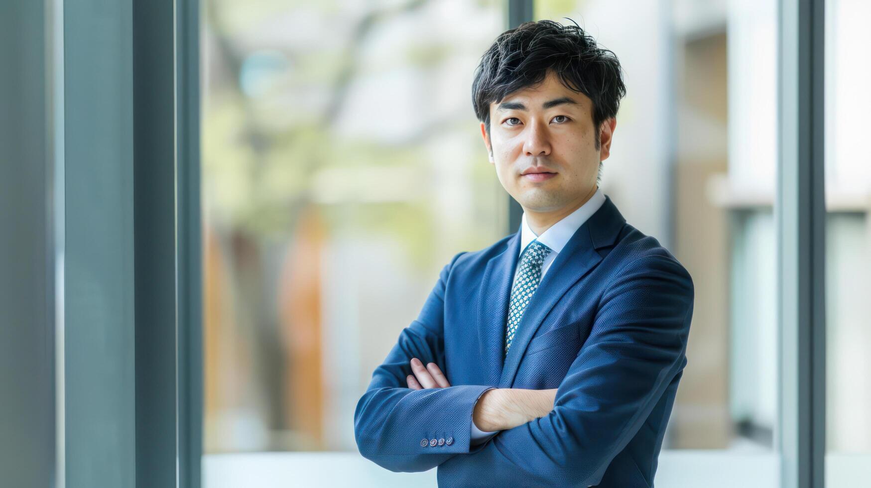 A man in a suit standing in front of a window photo