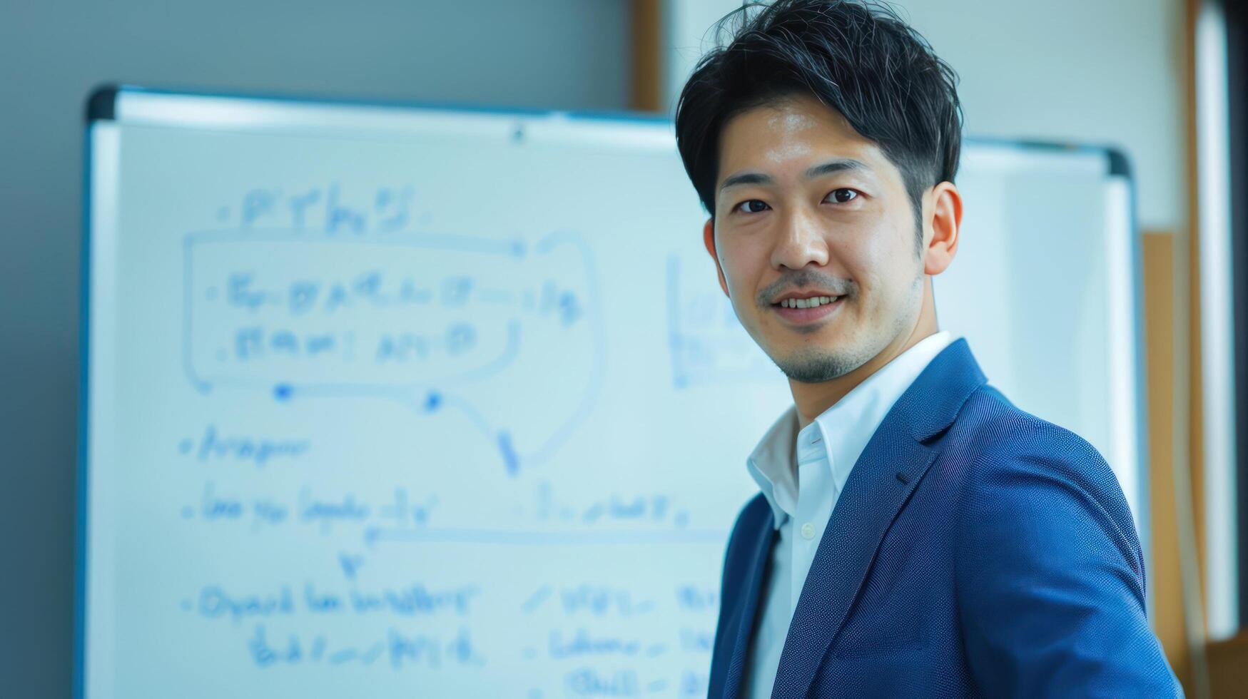 A man in a suit standing in front of a whiteboard photo
