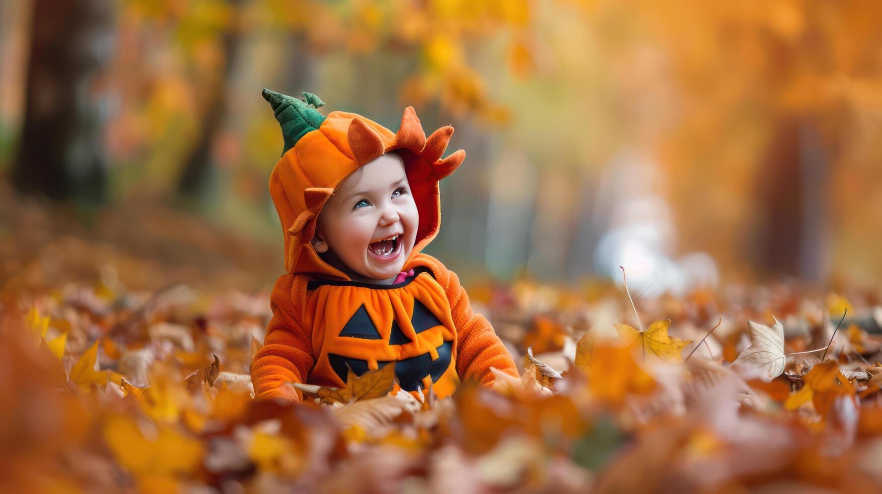 Playful Baby in Pumpkin Costume Among Autumn Leaves photo