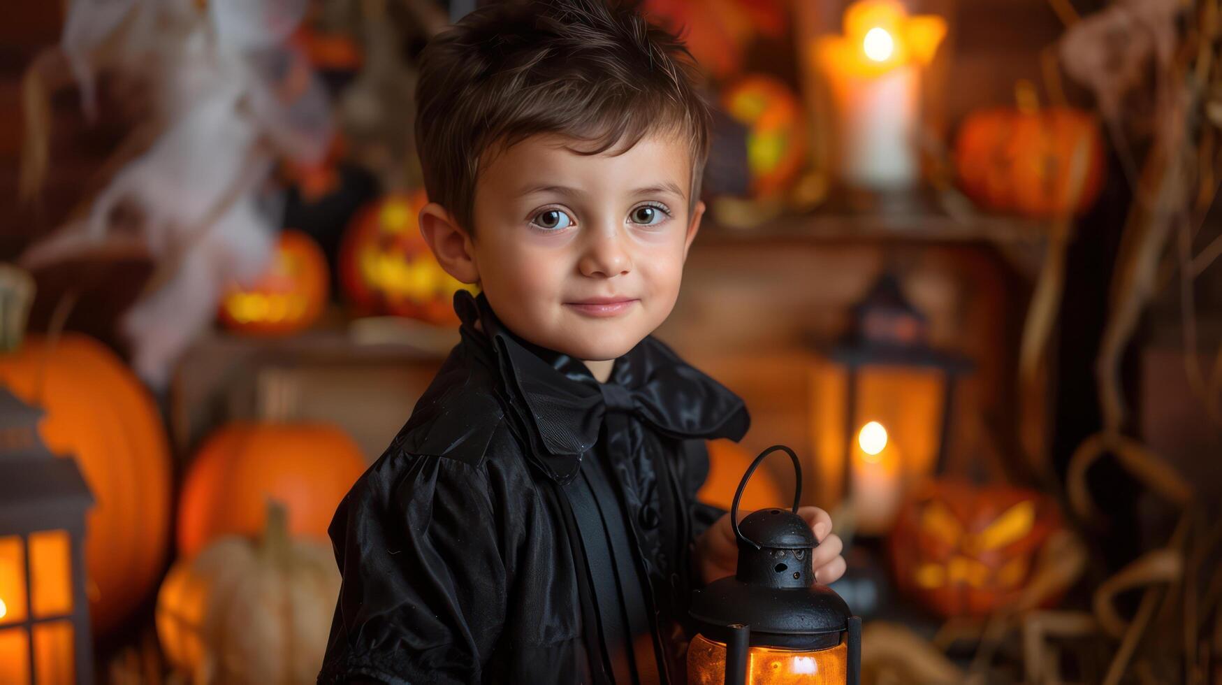Charming child with lantern in Halloween setting photo